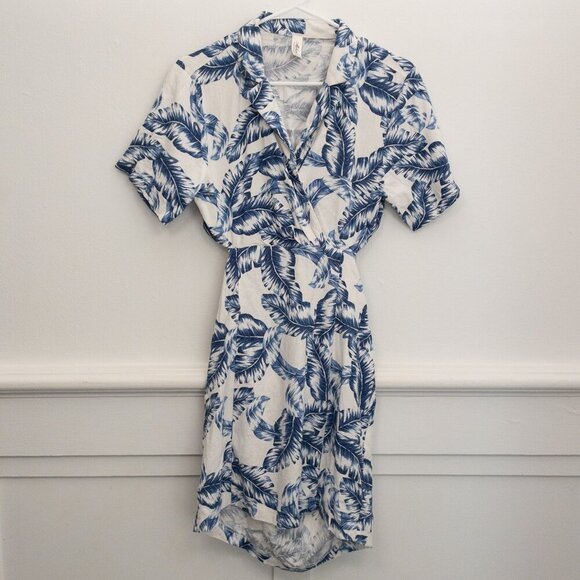 mahina Dresses & Skirts - Mahina Blue Leaf Linen Blend Cutout Midi Dress Collar Button Size M